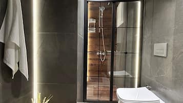 Shower, hair dryer, slippers, towels