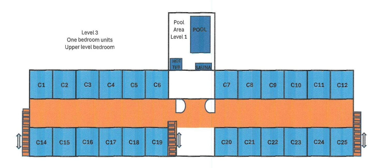 Cascades Condominium -asunto-osakeyhtiön pohjapiirros, jossa on yksi kolmannen kerroksen makuuhuone, yläkerran makuuhuone, uima-allasalue, poreallas ja sauna.