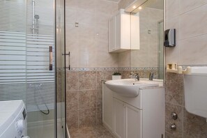 Shower, hair dryer, towels
