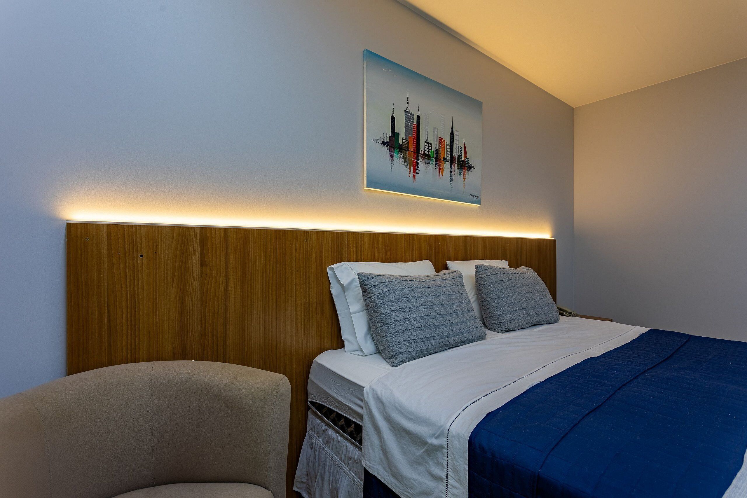 A hotel room with a wooden headboard, a bed with a blue blanket, two pillows, and a cityscape painting on the wall.