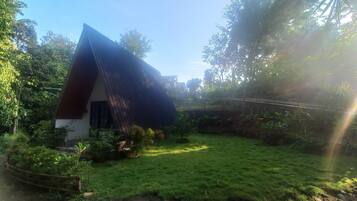 A house with a sloped roof, surrounded by a well-maintained lawn and dense foliage.
