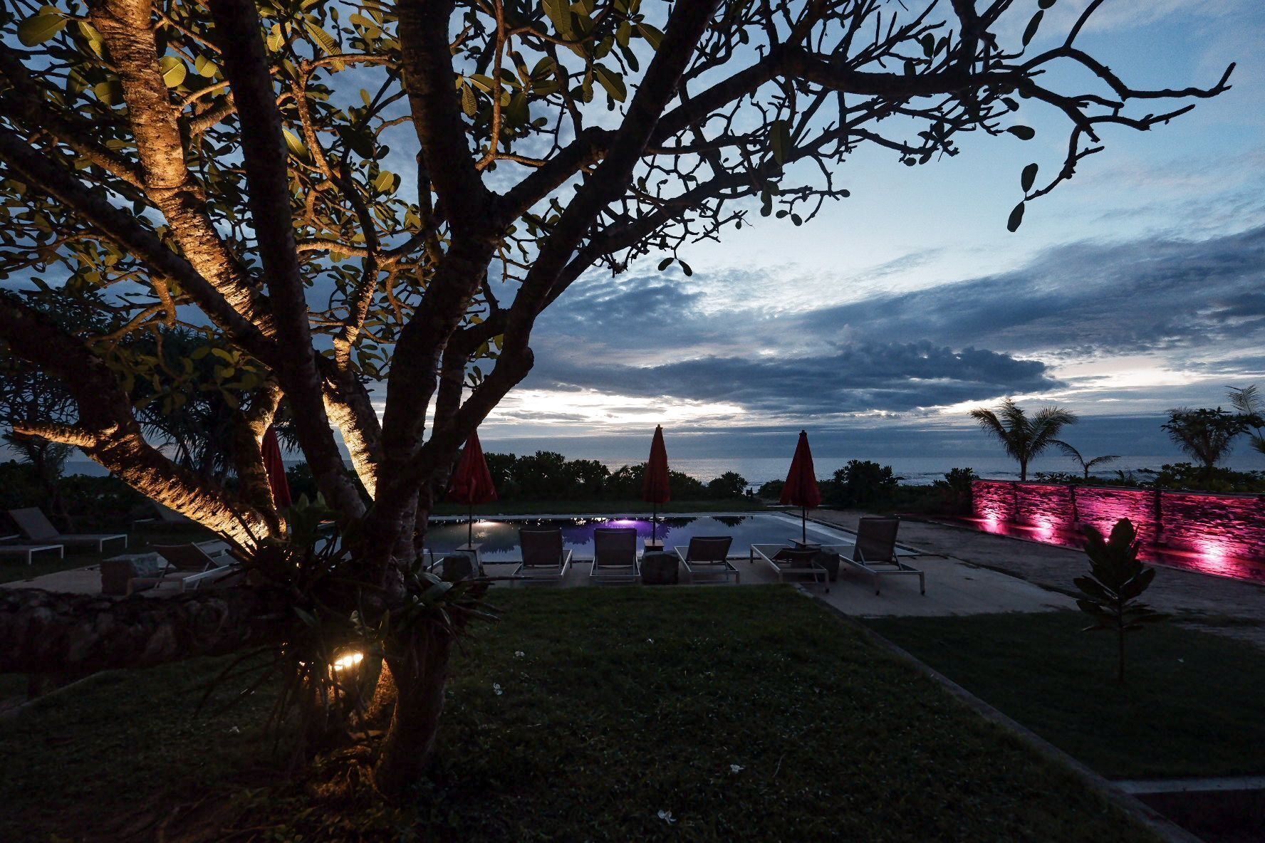 Ein Poolbereich mit Liegestühlen und Sonnenschirmen, ein Baum mit beleuchteten Lichterketten und Blick auf den Ozean im Abendrot.
