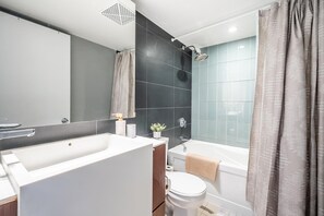 Hair dryer, towels, soap, shampoo