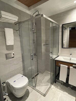 A modern bathroom with a glass-enclosed shower, a toilet, and a sink with a mirror above it. - Mithras Hotel (Izmir)