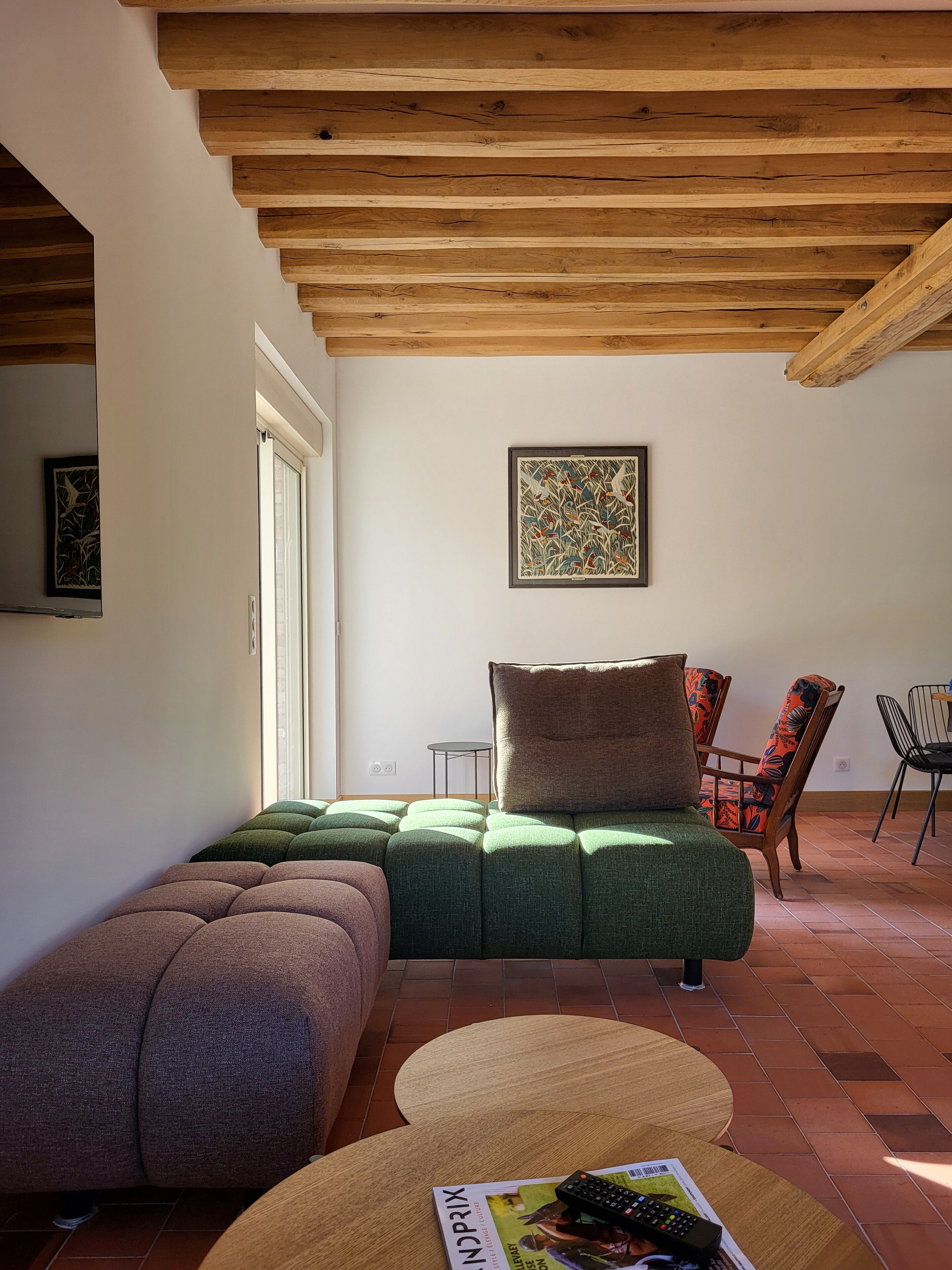 TV connectée, cheminée, table de tennis de table, livres