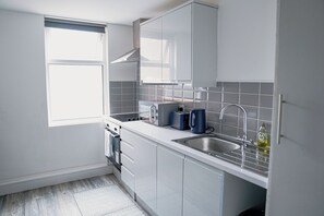 Fridge, microwave, oven, electric kettle