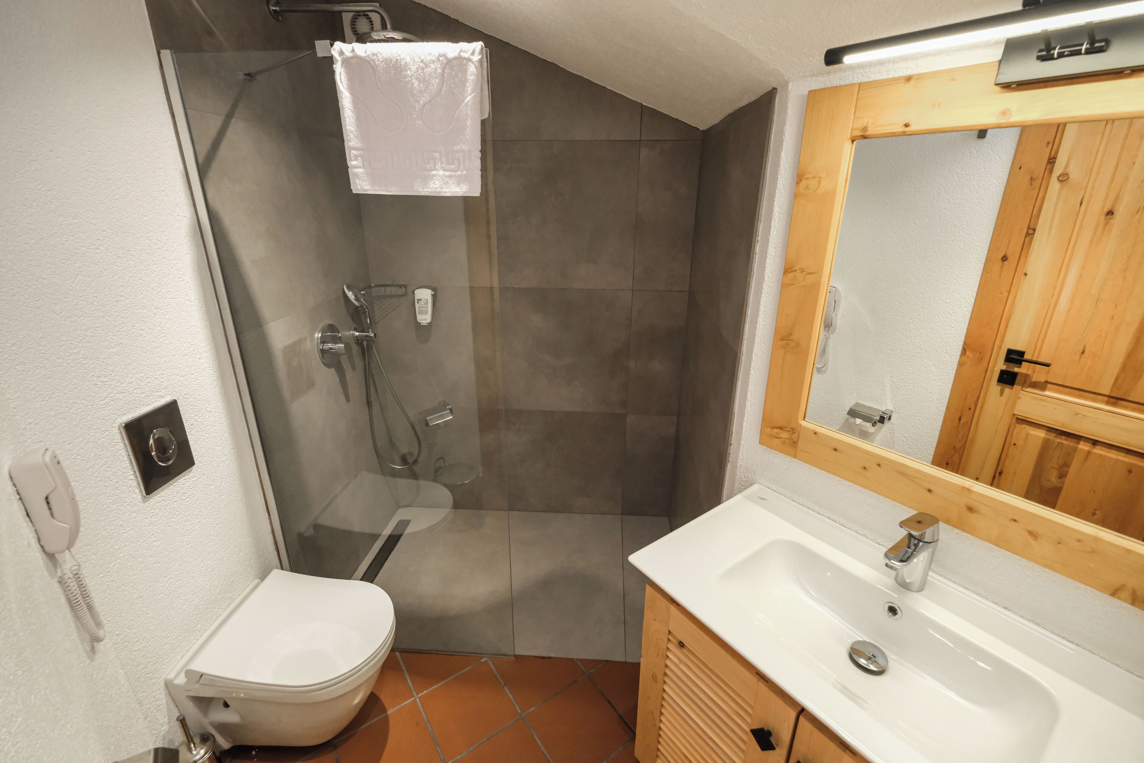 Een badkamer met toilet, douche en wastafel.