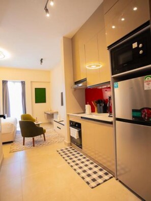 Fridge, microwave, oven, electric kettle