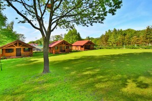 Two cabins with porches sit amidst lush lawns and mature trees, offering a serene retreat.