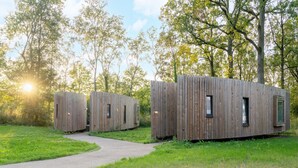 Varias cabañas de madera con ventanas y un sendero que las conecta, rodeadas de árboles y césped.