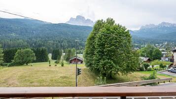 Panoramica di un paesaggio montano con un albero in primo piano, una casetta e una strada con un guardrail.