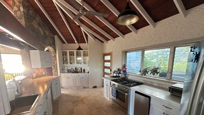 A spacious kitchen with white cabinetry, a large island, a stove, and a dishwasher. There is a window with a view of greenery outside. - New rental, Newly Renovated 3br/2ba - open main room/beautiful view/large pool  (Cruz Bay)