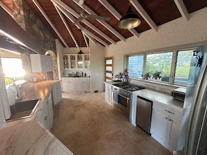 Une cuisine spacieuse avec des meubles blancs, un grand îlot central, une cuisinière et un lave-vaisselle. Une fenêtre offre une vue sur la verdure environnante.