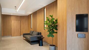 A modern interior with a sofa, a potted plant, a small table, and a flat-screen TV mounted on the wall.