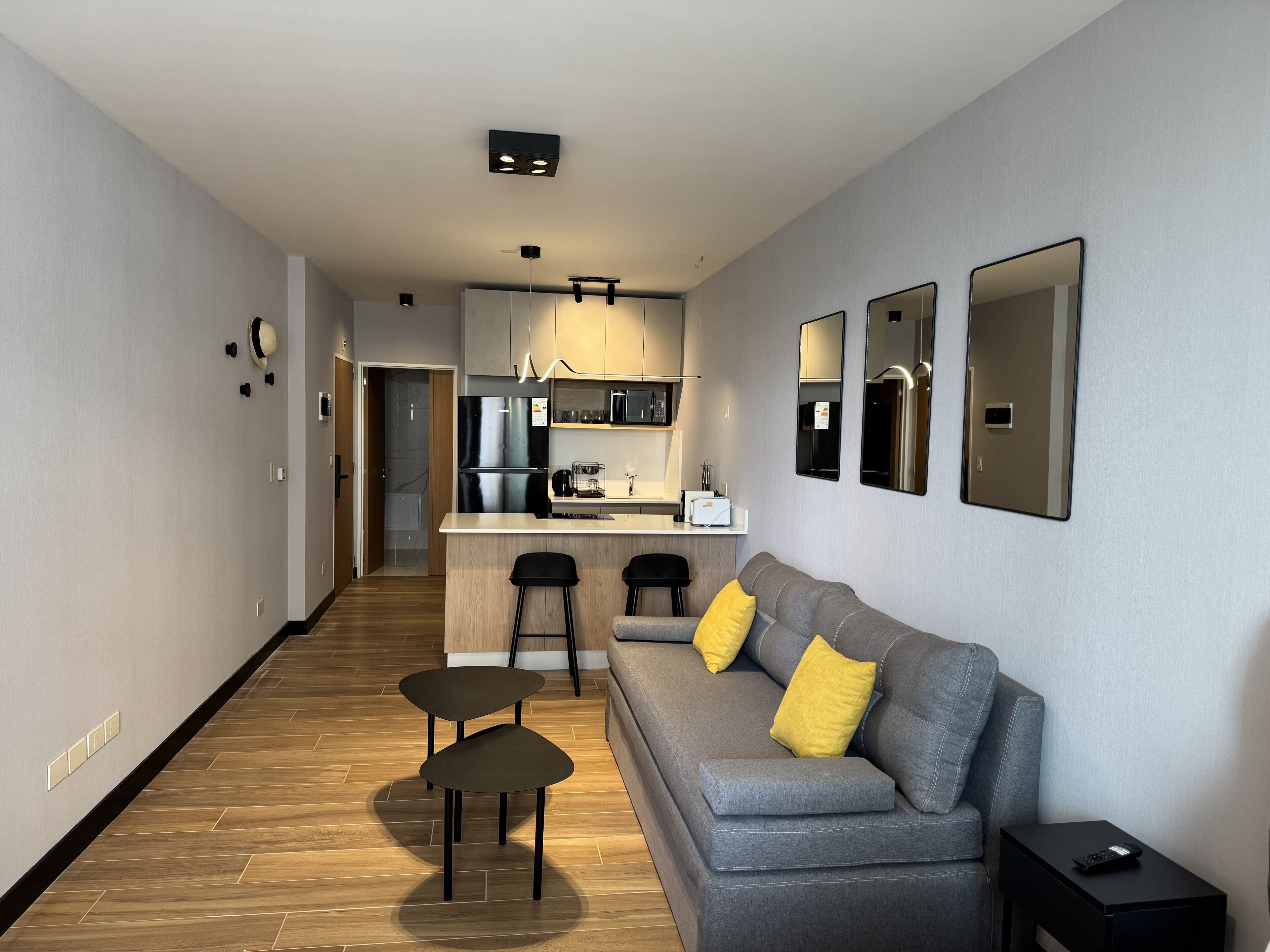 A modern living room with a grey sofa, two small tables, and a black side table with a remote control.