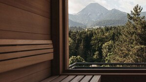 Un interior de madera con una ventana que da a un bosque y montañas.