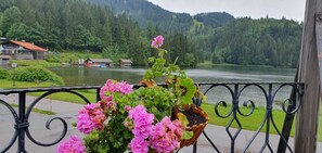 A balcony with a flower pot containing pink flowers, a view of a lake, and houses in the background. - Berggasthof Willy Merkl (Schliersee)