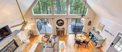 TV, fireplace, books