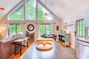TV, fireplace, books