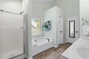 Hair dryer, towels, soap, shampoo