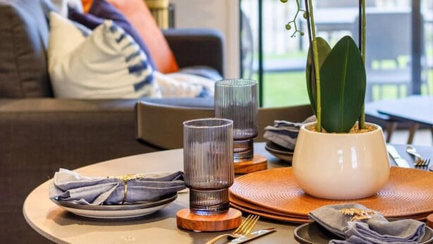 A dining area with a table set for two, a potted orchid, and a sofa in the background.