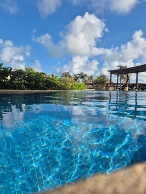 A clear blue pool with a wooden deck and palm trees in the background.