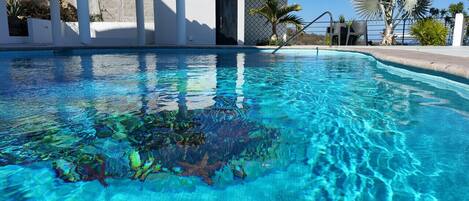 A clear swimming pool with a pavilion structure, palm trees, and a clear blue sky.