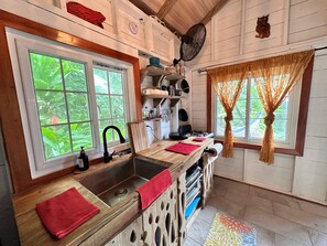 Fridge, oven, stovetop, coffee/tea maker - TREE FROG HOUSE: Waterfront, Caribbean Island Jungle Cabin in Bastimentos w/ AC (Bocas Del Toro)