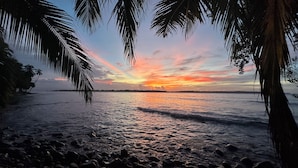 Een strand met palmbomen en een zonsondergang.