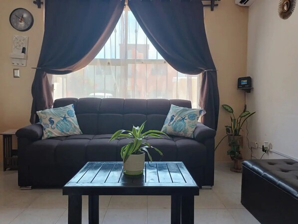 Una sala de estar con un sofá marrón oscuro, dos cojines estampados, una mesita con una planta en maceta y una ventana con cortinas.
