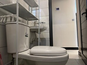 Hair dryer, towels, soap, toilet paper