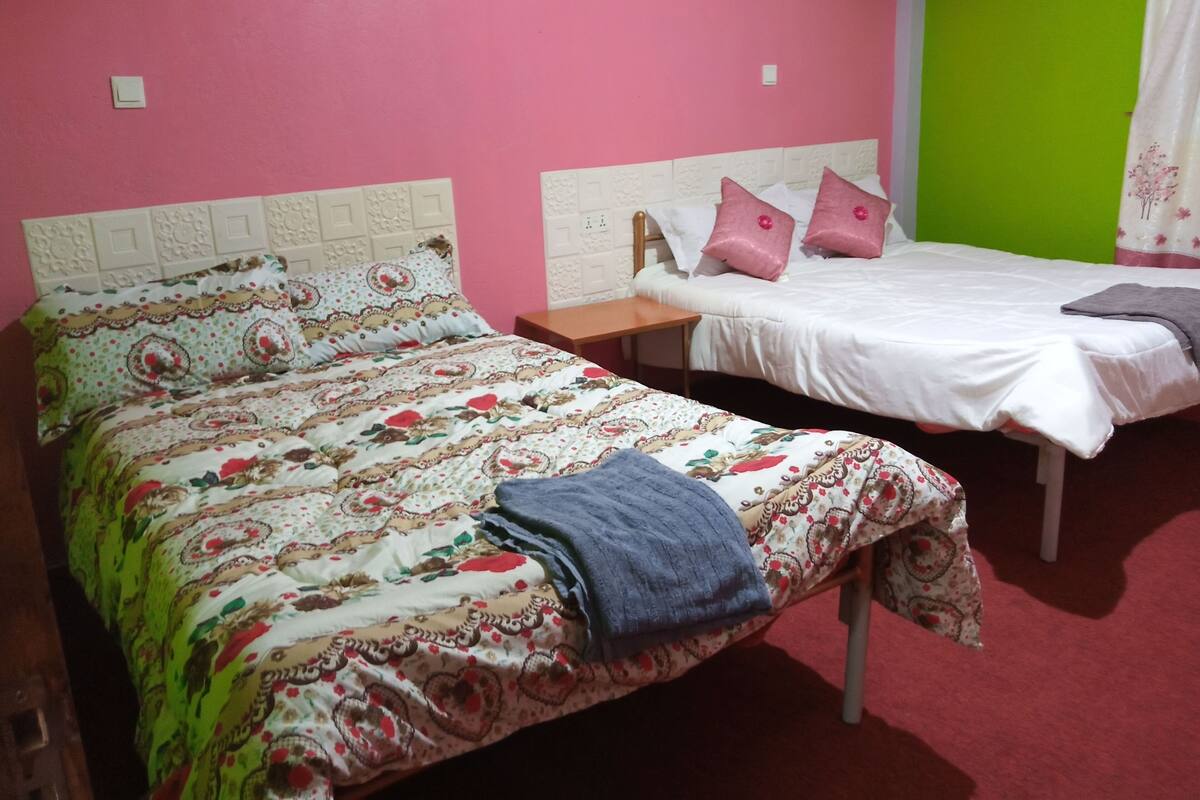Une chambre avec deux lits, une table de chevet et un mur vert.