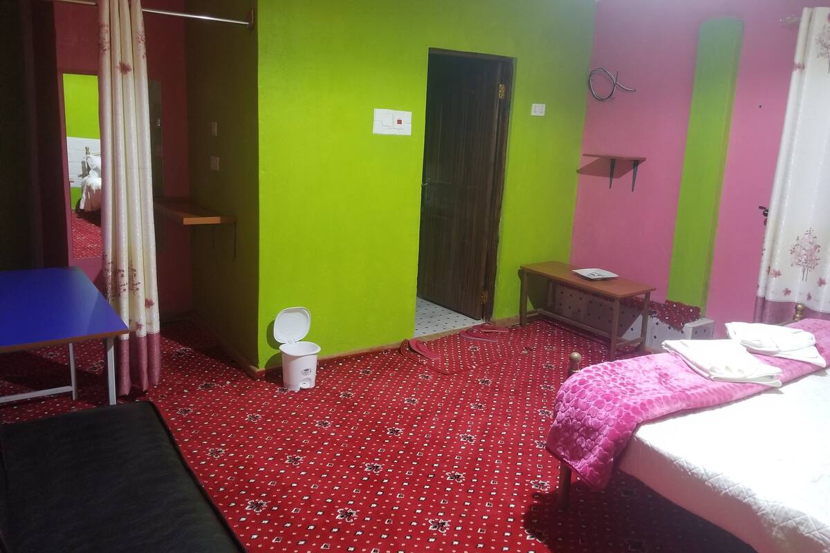 Une pièce avec un tapis rouge à motifs, un lit recouvert d’une couverture rose, une table en bois, des toilettes blanches et un mur vert.