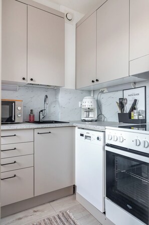 Superior Studio, City View | Private kitchen | Coffee/tea maker, electric kettle, toaster, highchair - Bright & Cozy, Renovated Studio in the Center (Lahti)