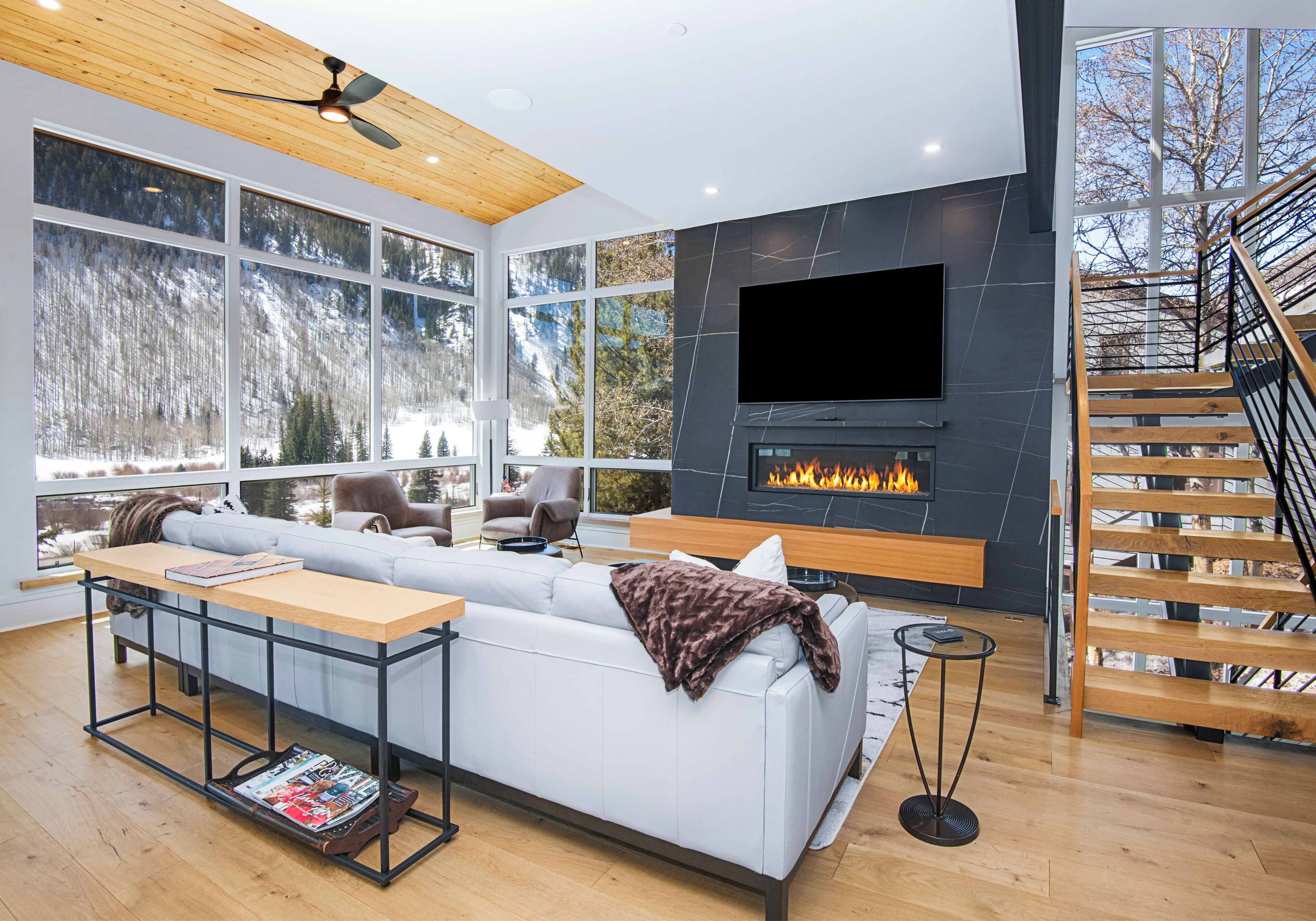 Smart TV, fireplace, stereo, printers