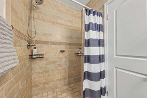 Shower, hair dryer, shampoo