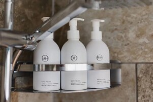 Hair dryer, towels, soap, shampoo