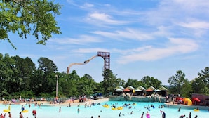 A water park with a roller coaster, swimming pool, and shaded areas.