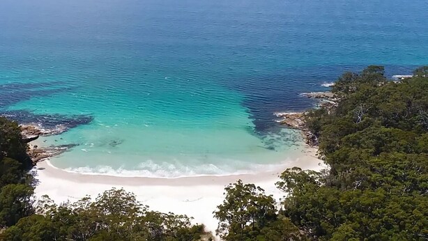 Vista costera con aguas turquesas cristalinas, una playa arenosa y un follaje verde exuberante.