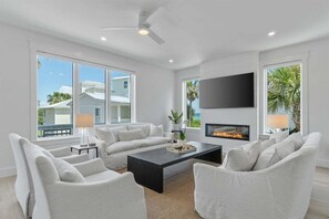 Smart TV, fireplace, books