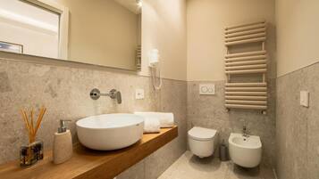 Shower, hair dryer, bidet, towels