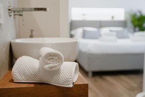 Shower, hair dryer, bidet, towels