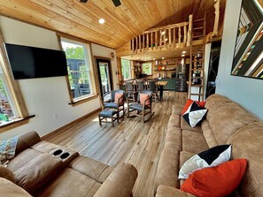 Smart TV, fireplace, books