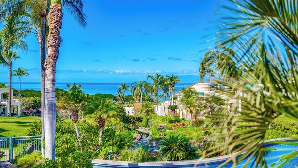 A resort with a pool, palm trees, and a view of the ocean. - Gorgeous Renovated Condo Walking Distance to Beaches!! Large Private Lanai (Kihei)