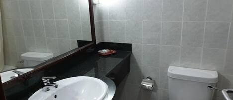 A bathroom with a white sink, a mirror, a toilet, and a small trash bin.