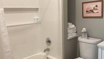 Hair dryer, towels, soap, shampoo