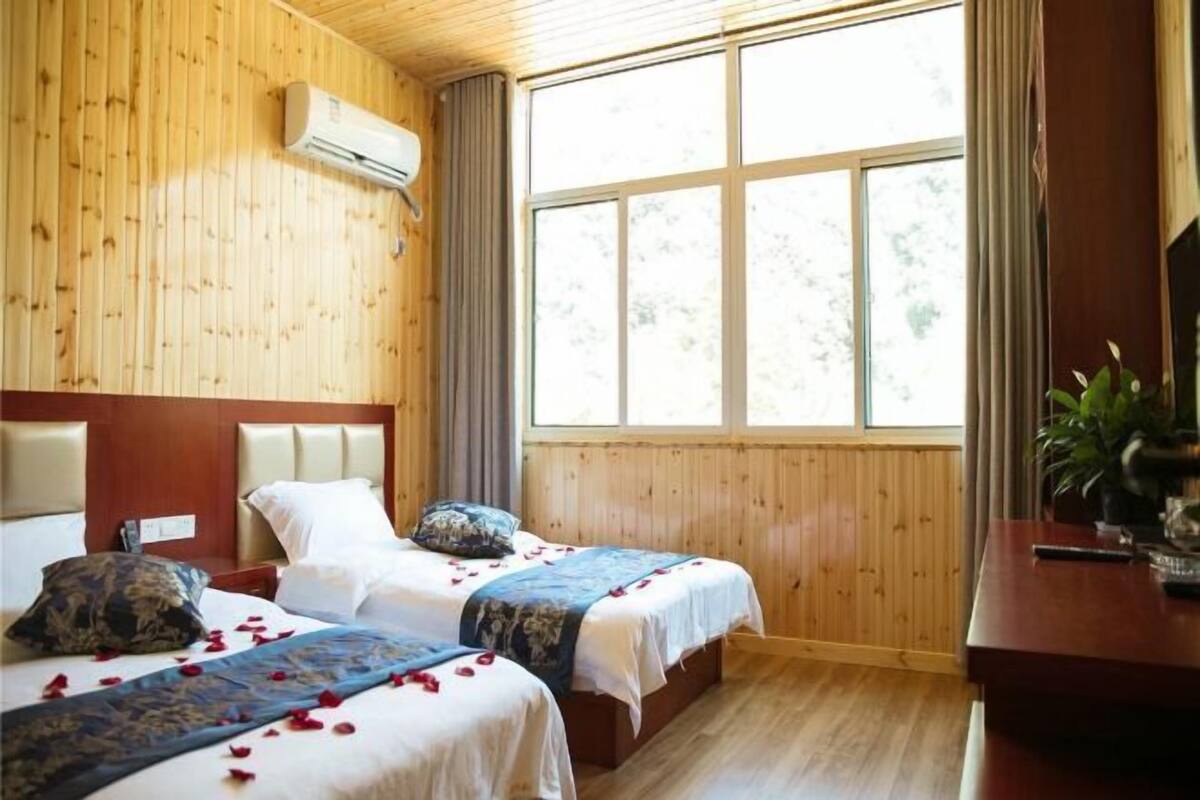 Une chambre d’hôtel avec deux lits, des murs en bois, une grande fenêtre et un bureau agrémenté d’une plante.