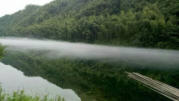 A calm lake with dense forest on the opposite shore.