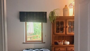 Une pièce confortable avec un canapé, une fenêtre donnant sur un paysage verdoyant, un meuble contenant de l’ustensile de cuisine et un radiateur.