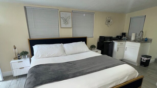 A modern bedroom with a large bed, a bedside table, a nightstand, a small desk, a microwave, a coffee maker, and a sink. - Welcome to our charming studio, perfectly located near Tampa Bay's attractions. (Tampa)